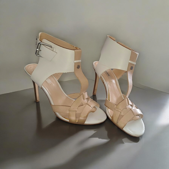 Guess Gwhyanne Size 8 medium Leather Elegant White and Tan Women's Heels - Picture 4 of 16